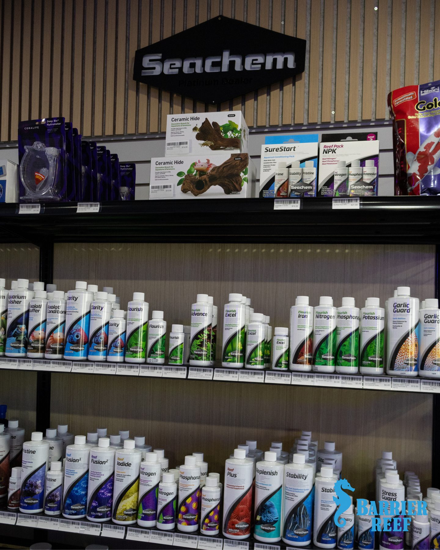 SeaChem products on the shelf at Barrier Reef