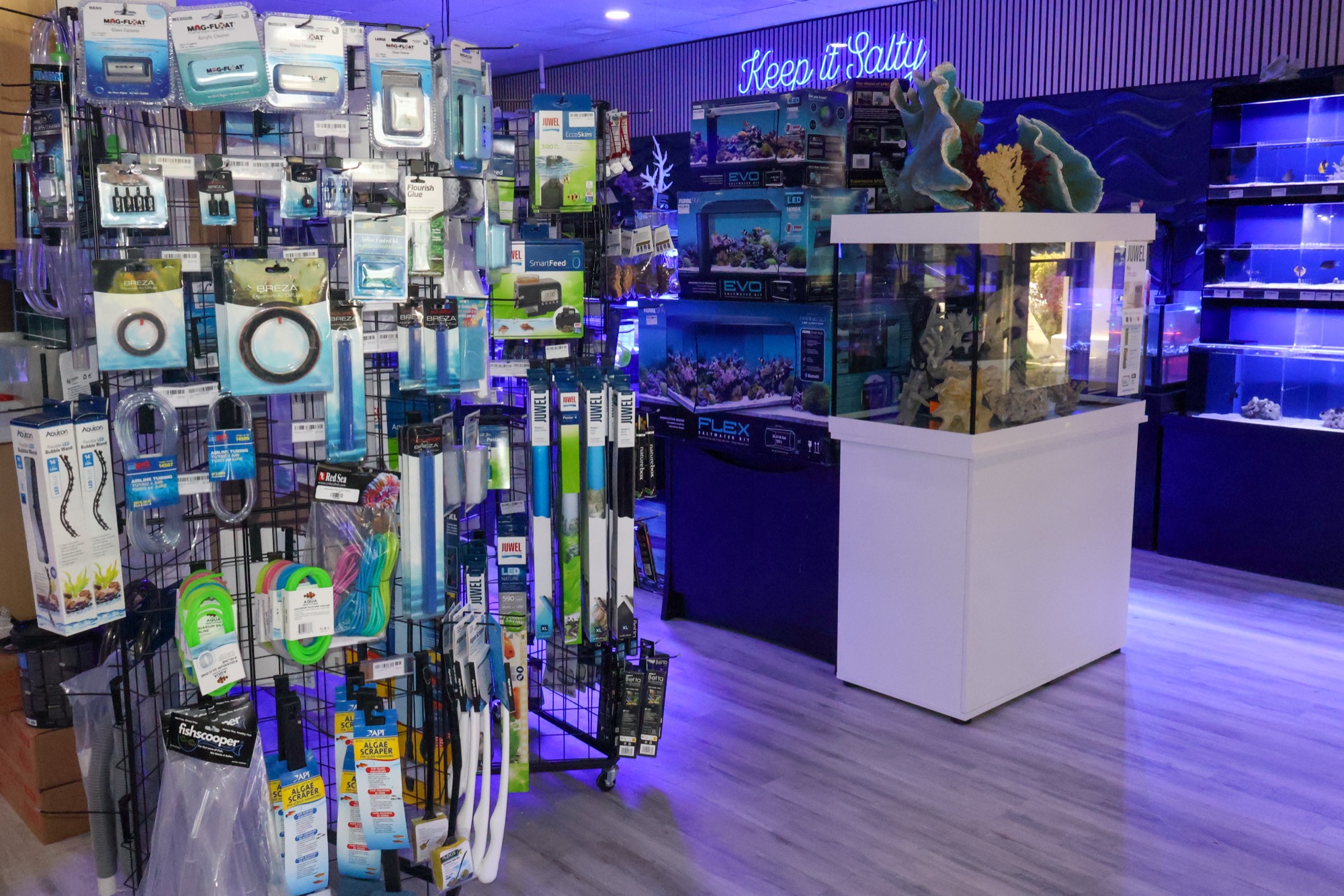 The Barrier Reef store floor: display tank and blue-lit livestock wall under the Keep it Salty sign